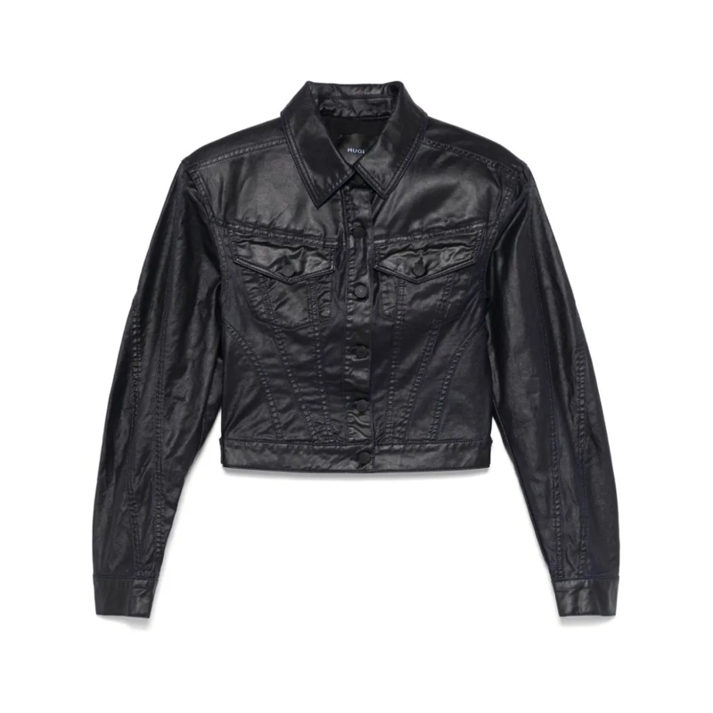 Mugler Übergangsjacke Cropped Midnight Blue Wax-Effect Jacket Black
