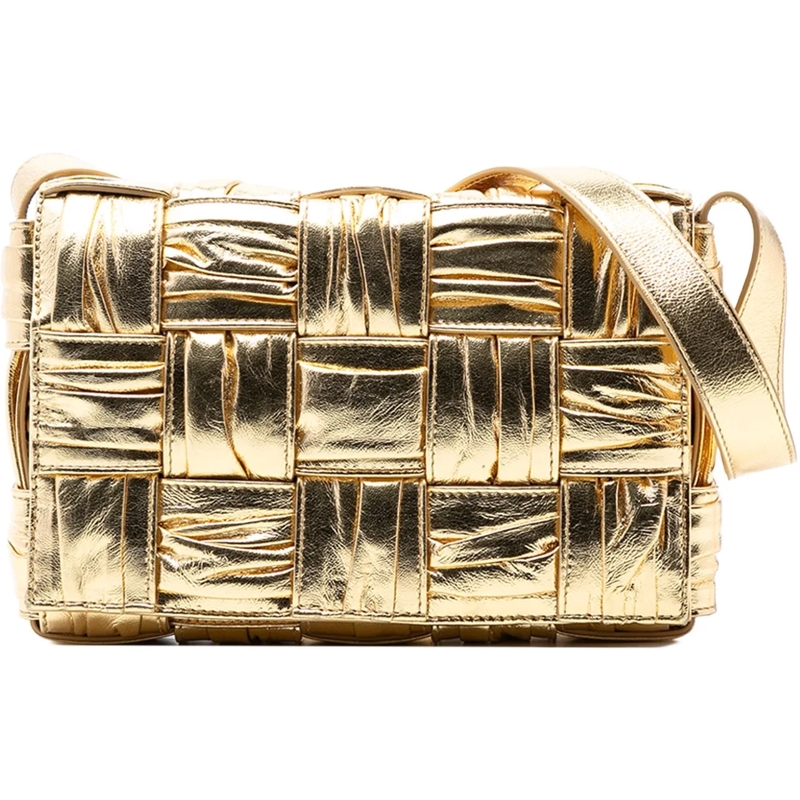 Bottega Veneta Schultertasche Metallic Calfskin Intreccio Plisse Cassette Crossb gold