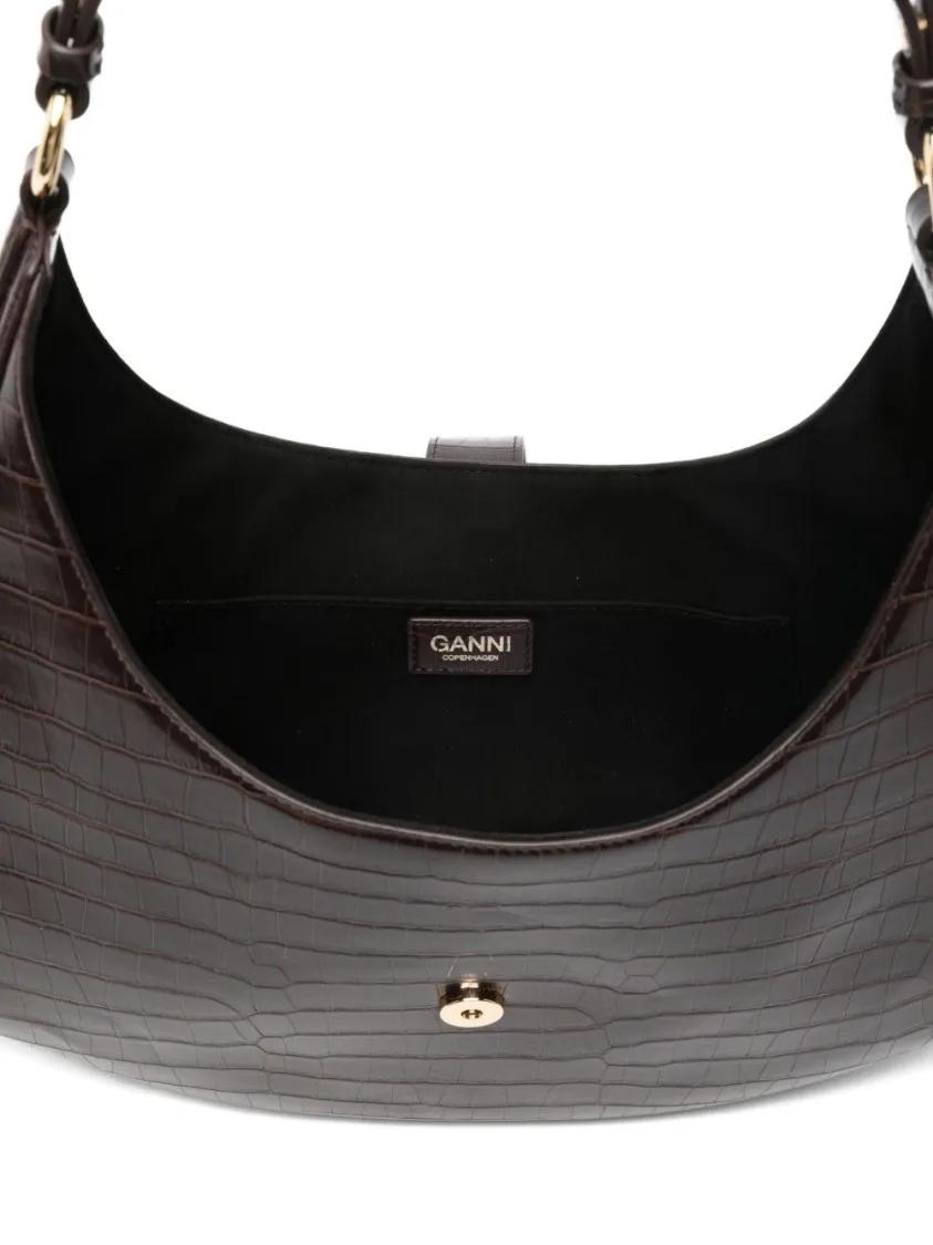 Thumbnail - GANNI Hobo Bags - Crescent Shape Crocodile-Embossed Shoulder Bag - Gr. unisize - in Schwarz - für Damen