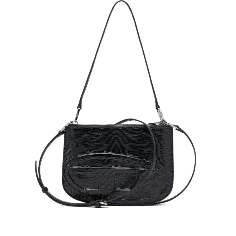 Diesel Schultertasche Curved Black Embossed Leather Bag Black