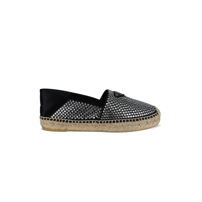 Prada Ballerinas Black Canvas Espadrilles With Crystal Embellishmen Black