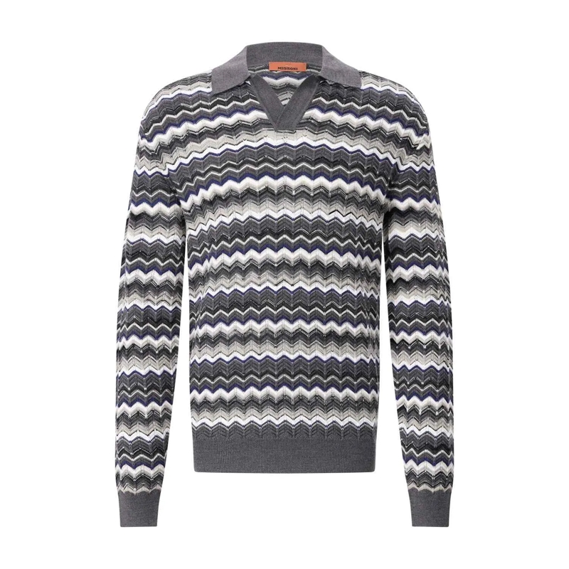 Missoni Polohemd Wollpullover mit Zick-Zack-Muster Grau