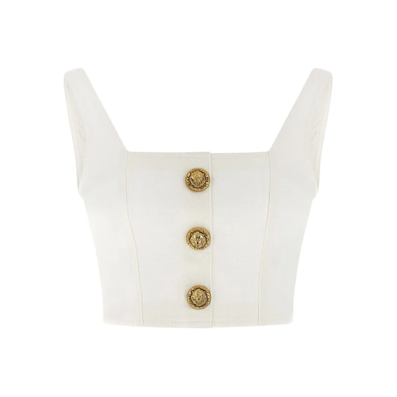 Balmain Top Structured Square Neck Crop Top White