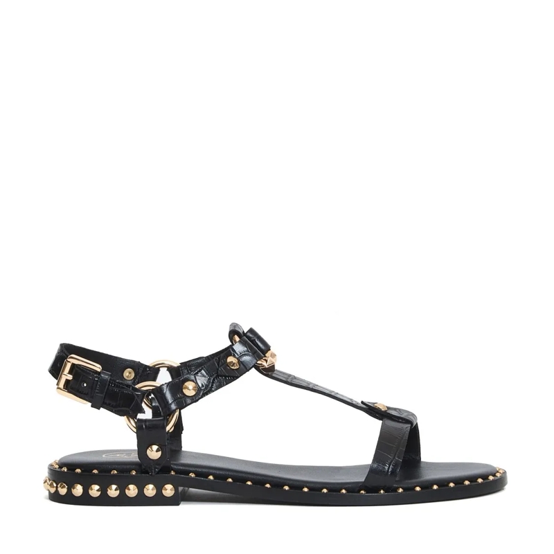 Ash Sandalen Flat Sandals In Black Crocodile Print Leather Black