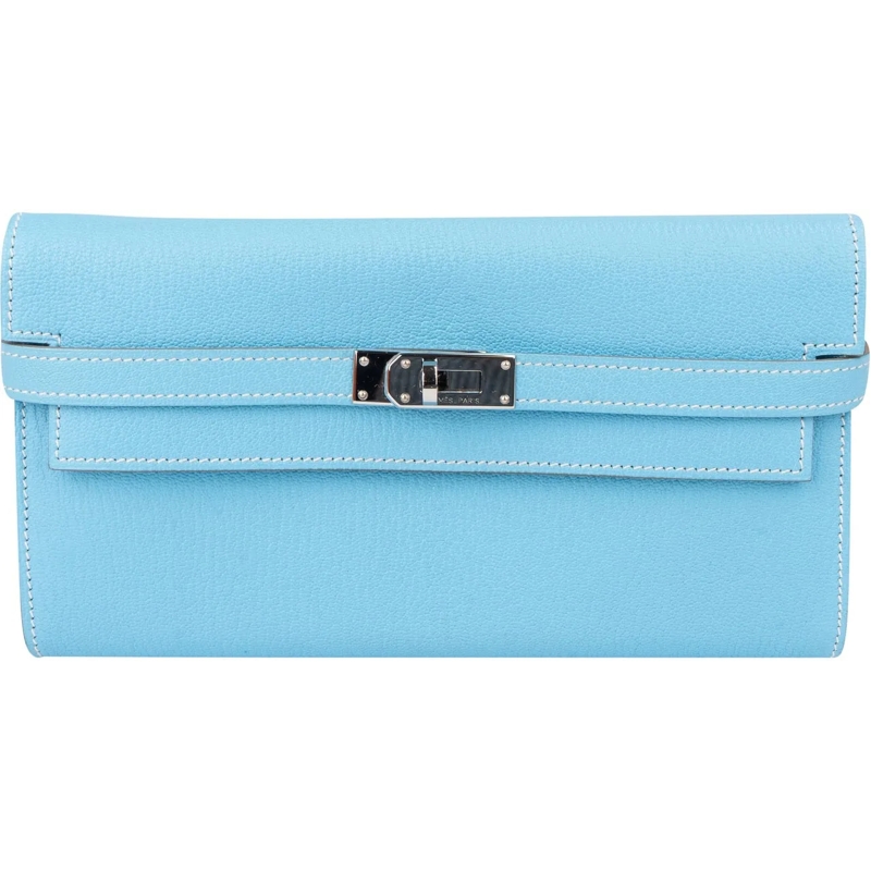 Hermès Geldbörse Hermes Bleu Leather Palladium Kelly Wallet blau