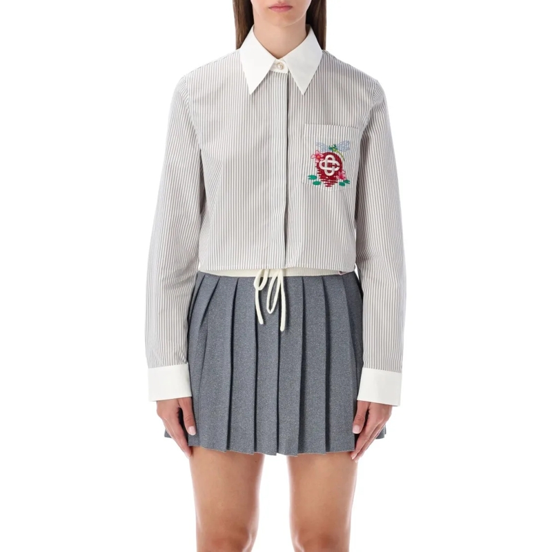 Casablanca Overhemd Cropped Striped Shirt With Floral Embroidery White