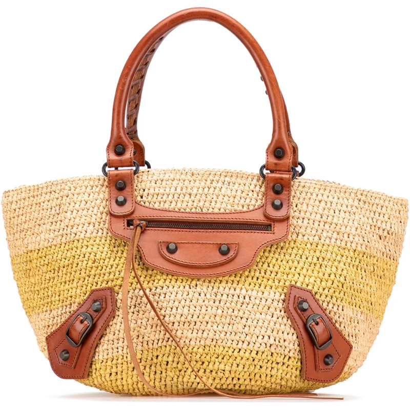 Balenciaga Shopper Raffia Motocross Classic Panier Basket Tote braun