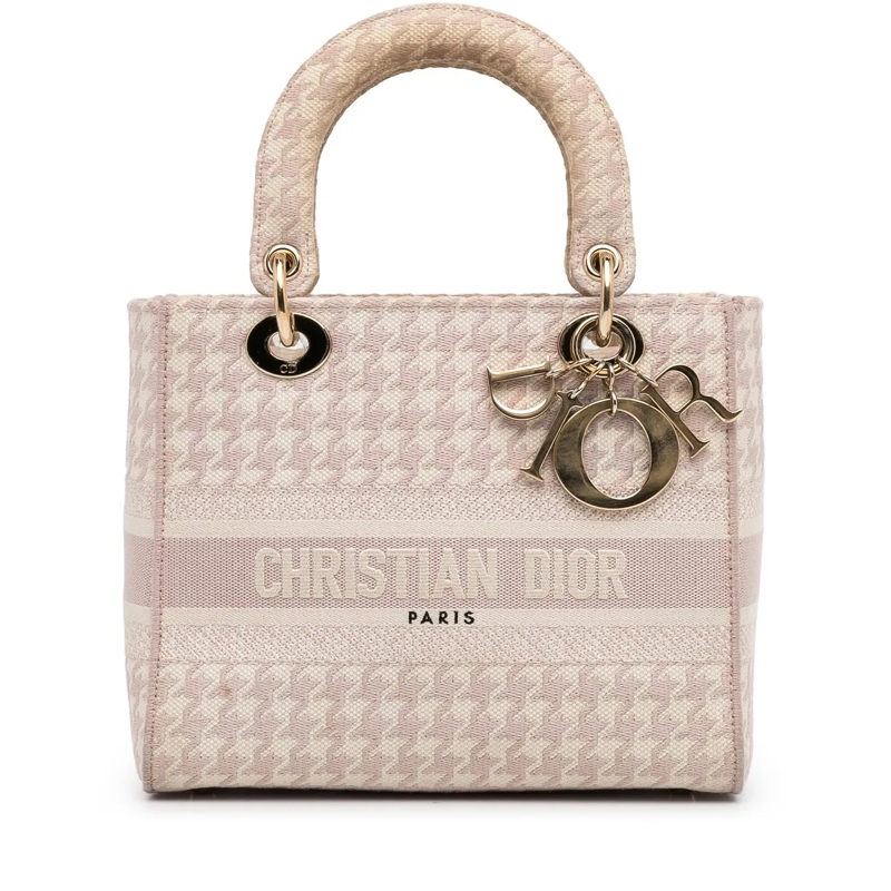 Christian Dior Tote Medium Embroidered Canvas Houndstooth Lady D Lite rose