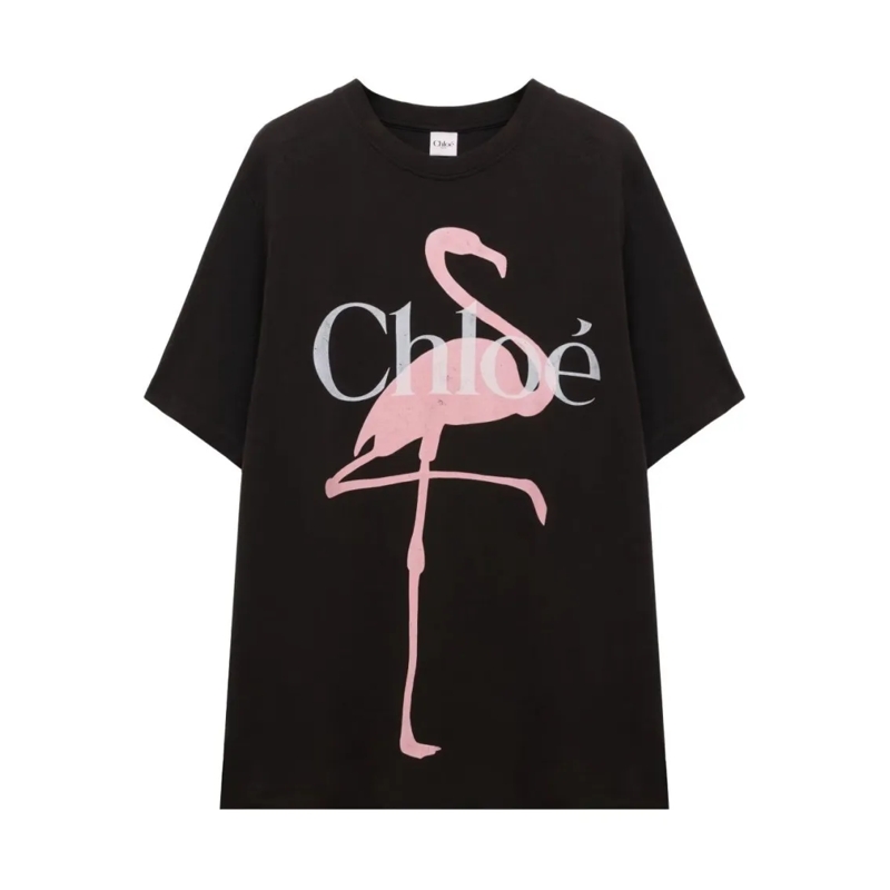 Chloé Minikleid Black Short-Sleeved Dress With Flamingo Graphic Black
