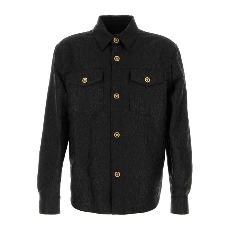 Versace  Leopard Jacquard Overshirt In Black Wool Blend Black