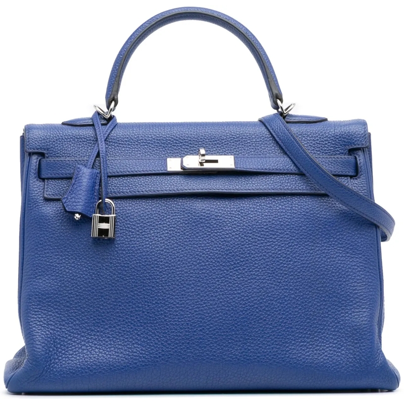 Hermès Schultertasche Togo Kelly II Retourne 35 blau