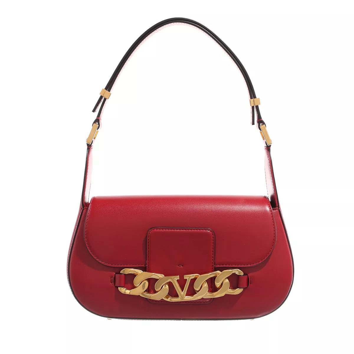 Valentino Garavani, VLogo Chain Leather Shoulder Bag, Women, Red, Embellished, Unisize, Shoulder Bags