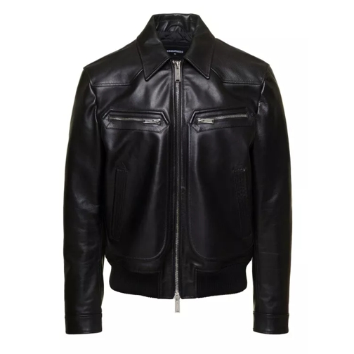Dsquared2 Black Biker Jacket With Zip Pockets In Leather Black Läderjackor