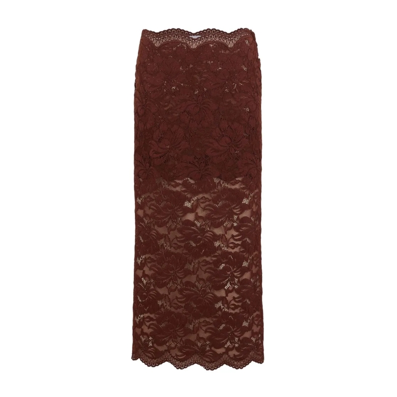 Paco Rabanne Midirok Intricately Designed Lace Midi Skirt Burgundy