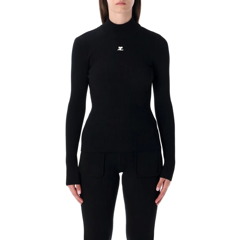 Courrèges Trui Rib Knit Mock Neck Sweater Black