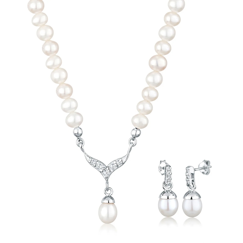 Elli Mittellange Halskette Schmuckset Perle 925 Silber, mit Kristallen von Sw weiss