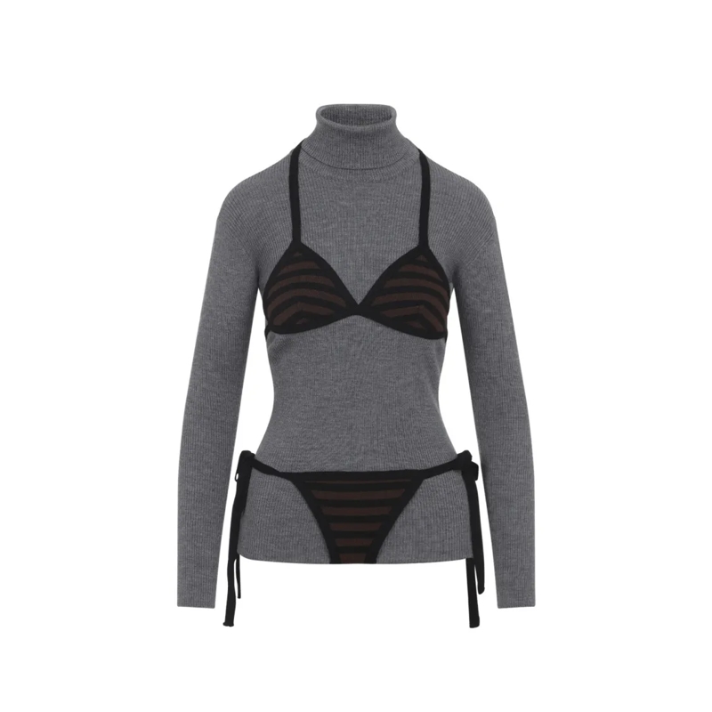 Moschino Pull à col roulé Fitted Ribbed Knit Turtleneck Sweater With Layered Grey