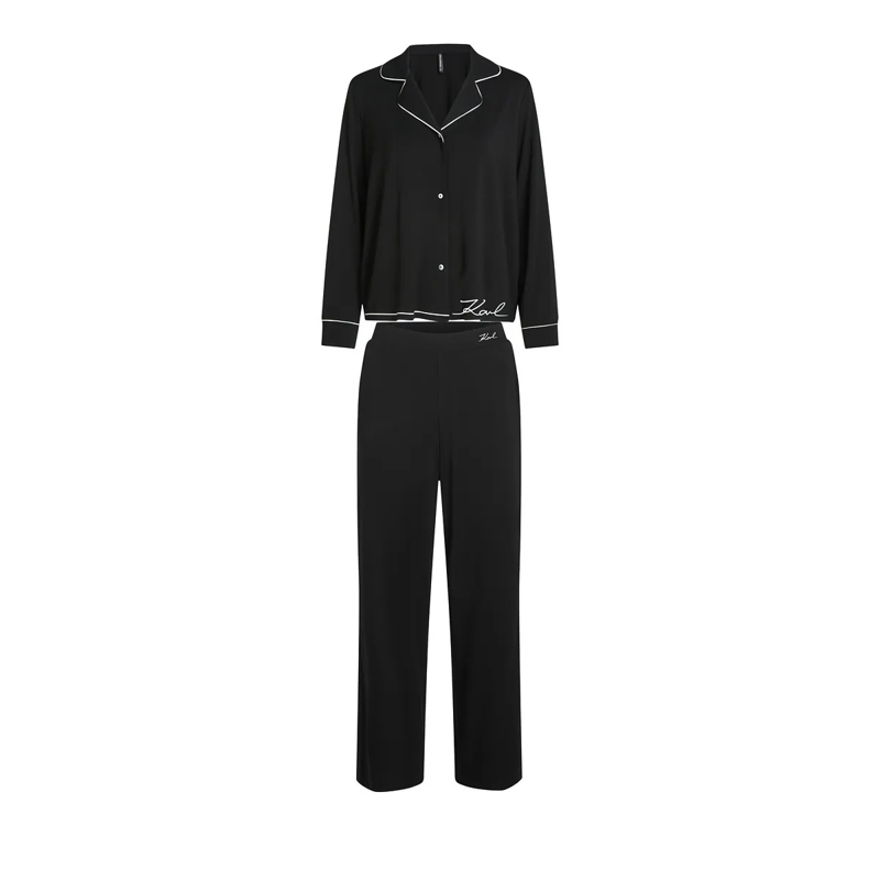 Karl Lagerfeld  Signature Langes Pyjama-Set Nachtwäsche schwarz