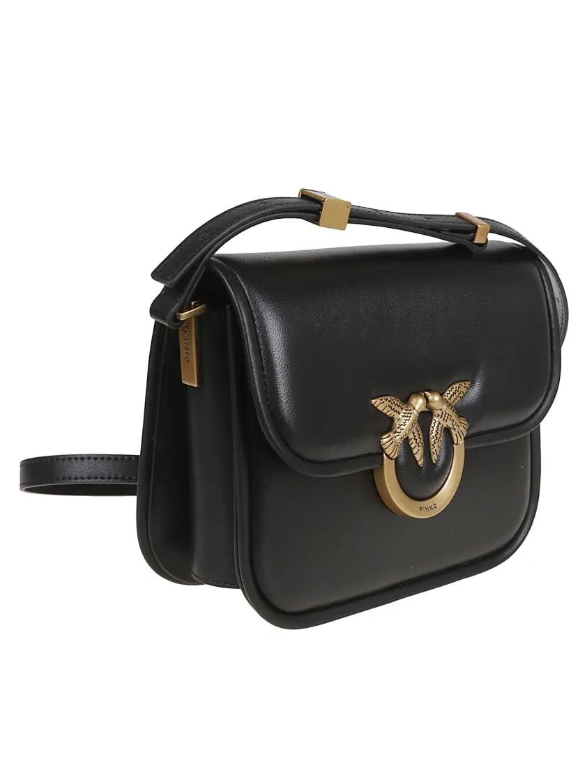 Pinko Hobo bags Smooth Calfskin Shoulder Bag With Love Birds Logo in zwart