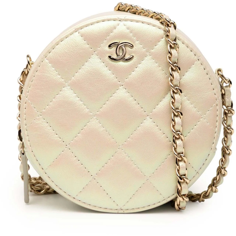 Chanel Sac à bandoulière Iridescent Quilted Lambskin Round Clutch With Chai weiß