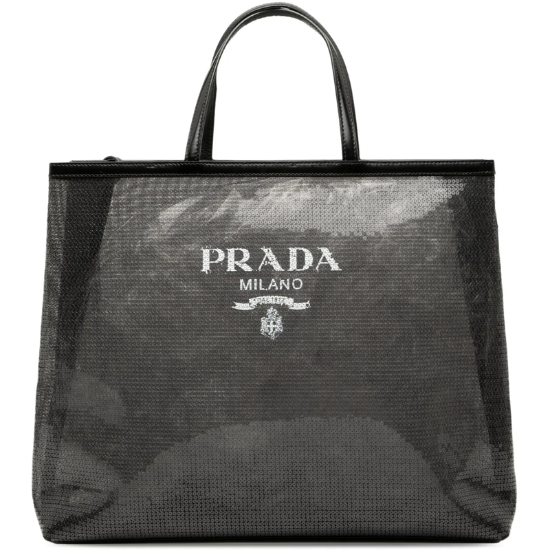 Prada Shopper Large Sequined Mesh Logo Tote schwarz
