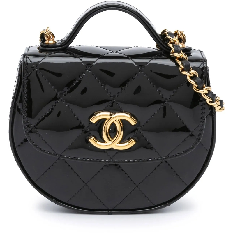 Chanel Pochette Mini CC Quilted Patent Leather Top Handle Clutch w schwarz