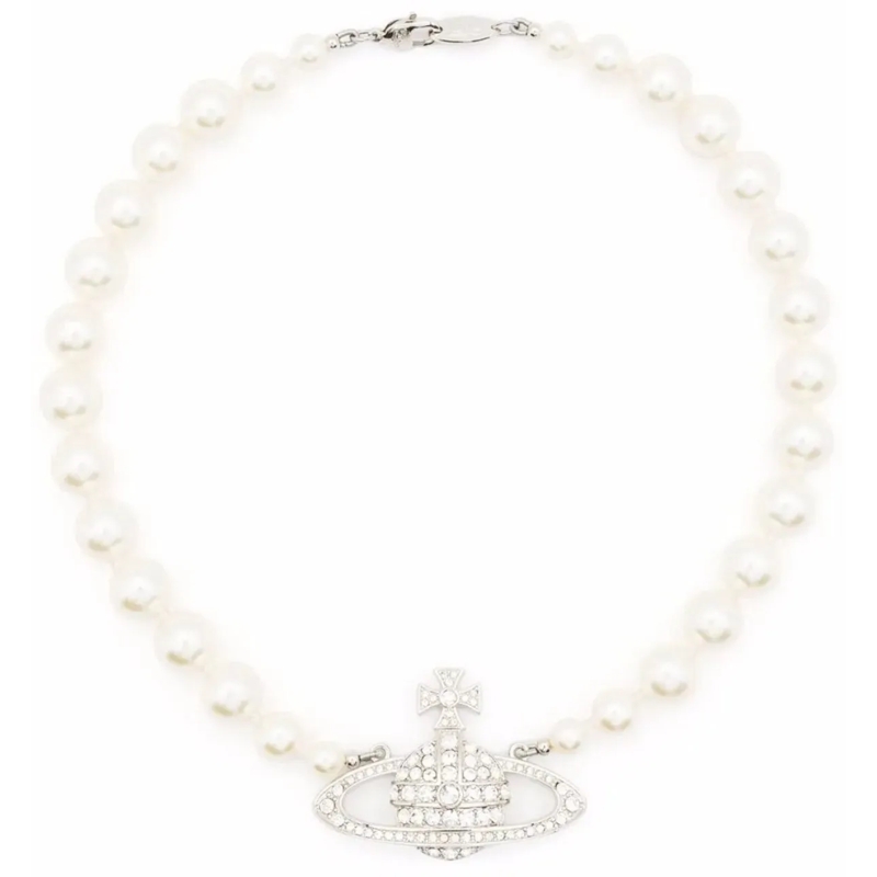 Vivienne Westwood Collier moyen One Row Pearl Bas Relief Platinum Cream Crystal weiß