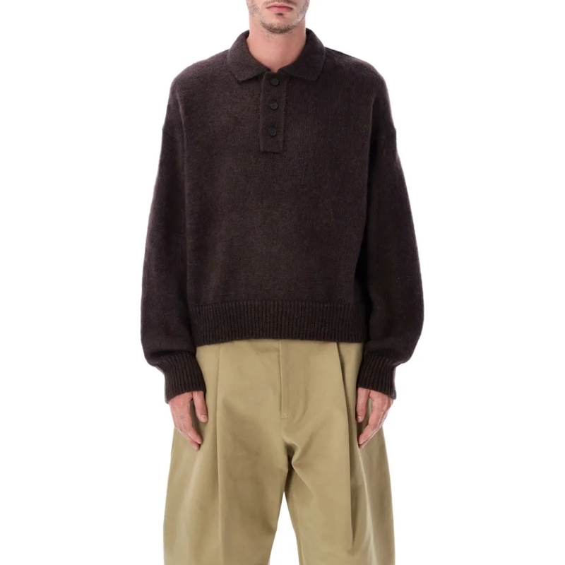 Studio Nicholson Trui Dune Brown Superkid Mohair Polo Sweater Black