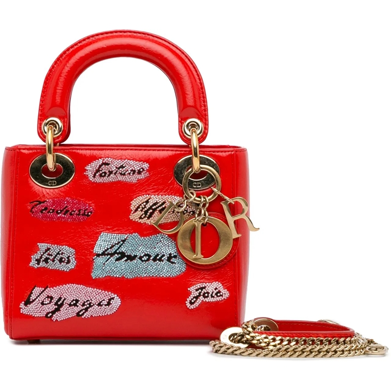 Christian Dior Schultertasche Mini Calfskin Sequin Embellished Lady Dior rot