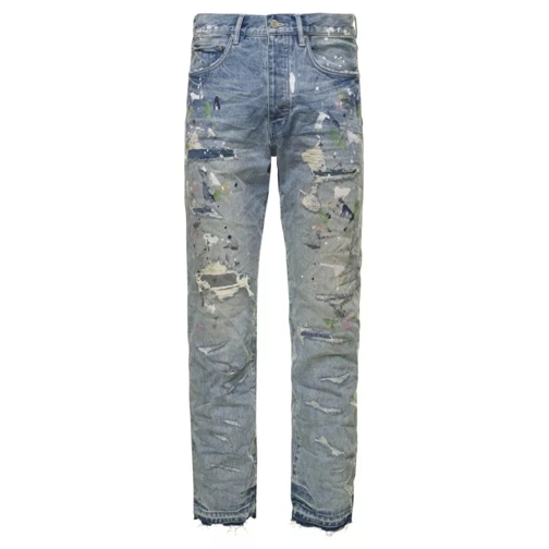 Purple Brand Light Blue Wrinkled Jeans With Rips And Paint Stai Blue Jeans