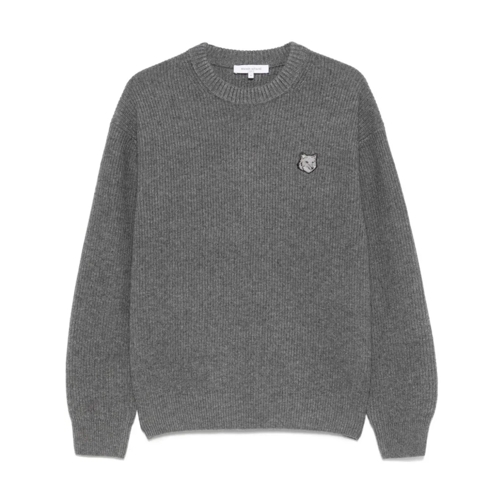 Maison Kitsune Trui Medium Grey Ribbed Knit Sweater Grey