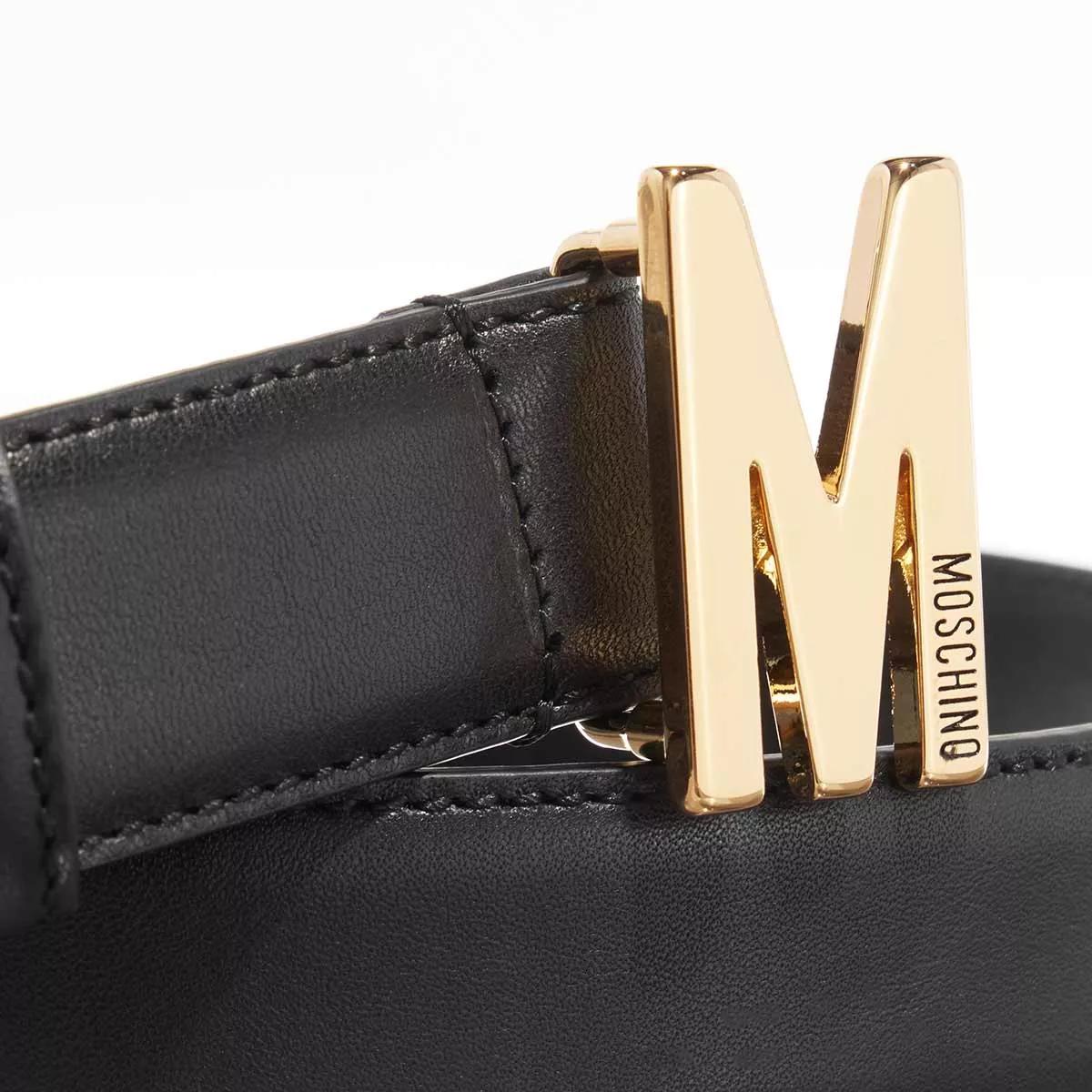 Moschino Logo Buckle Belt Smooth Leather Black Gold Leather Belt