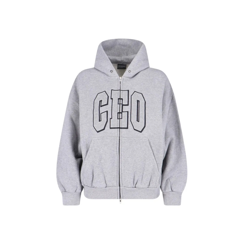 Balenciaga  Zip Front Hoodie With Contrast Logo And Ribbed Det Grey