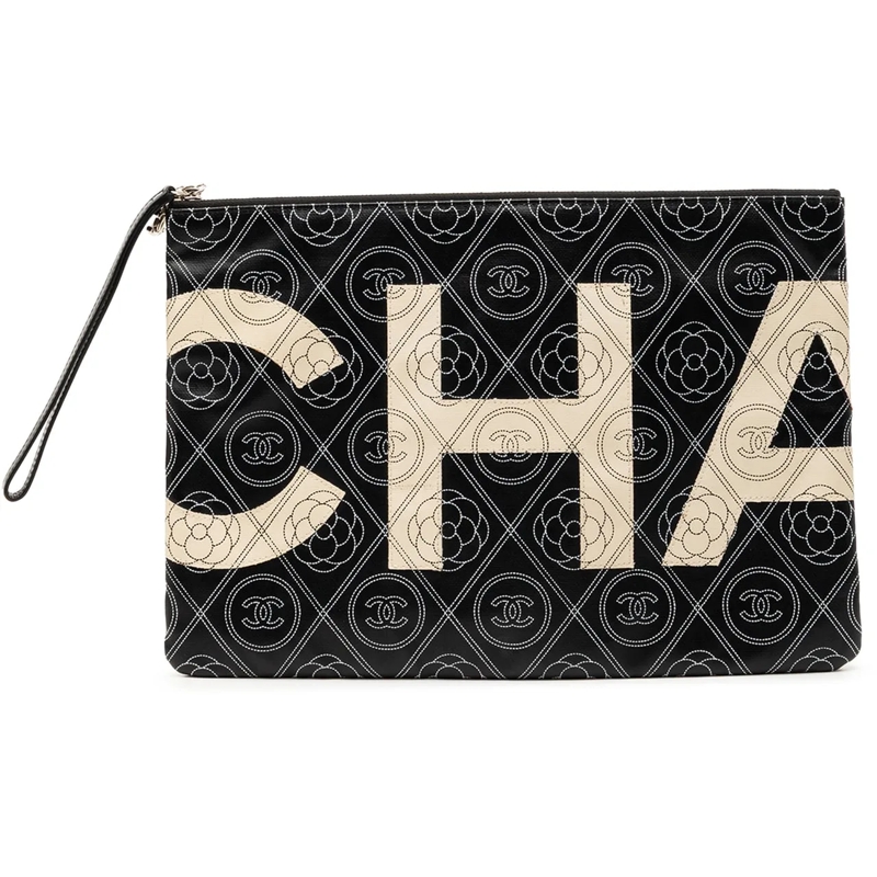 Chanel Clutch Coated Canvas Camellia Logo Wristlet Clutch schwarz