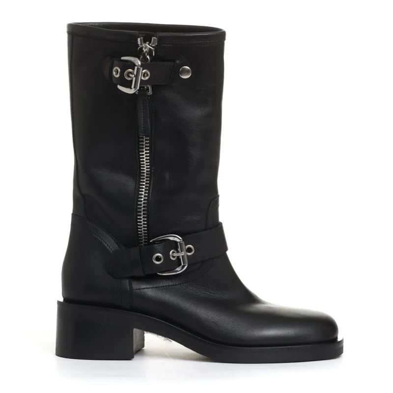 Strategia Bottes Biker Ankle Boots with Square Toe and Buckles Black