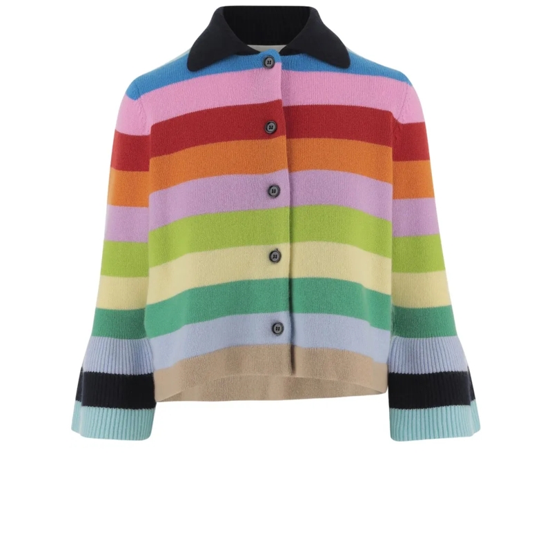 Allude Strickjacke Cropped Cashmere Cardigan With Multicolored Stripe Grey