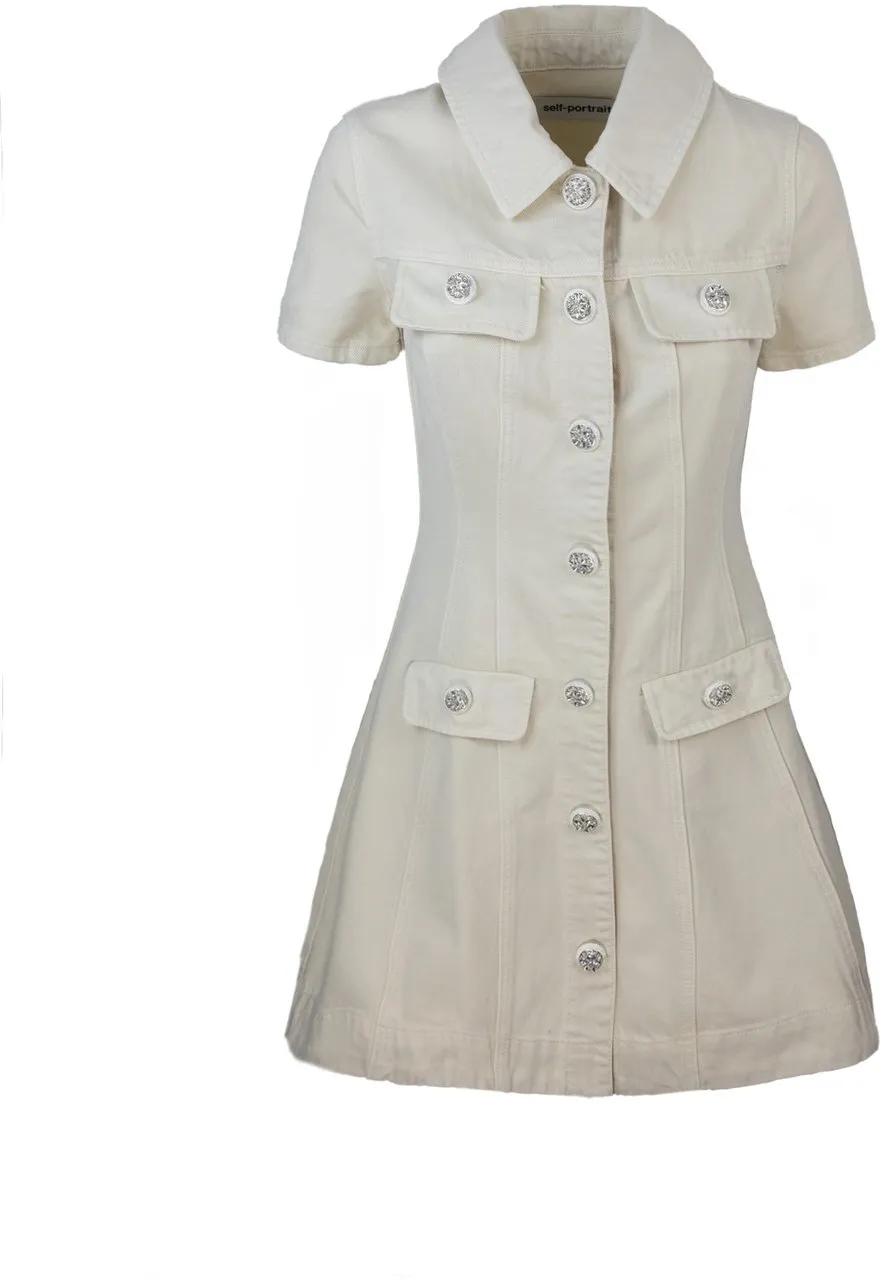 Thumbnail - self-portrait - Cream Collared Denim Mini' Dress - Größe 42 - beige