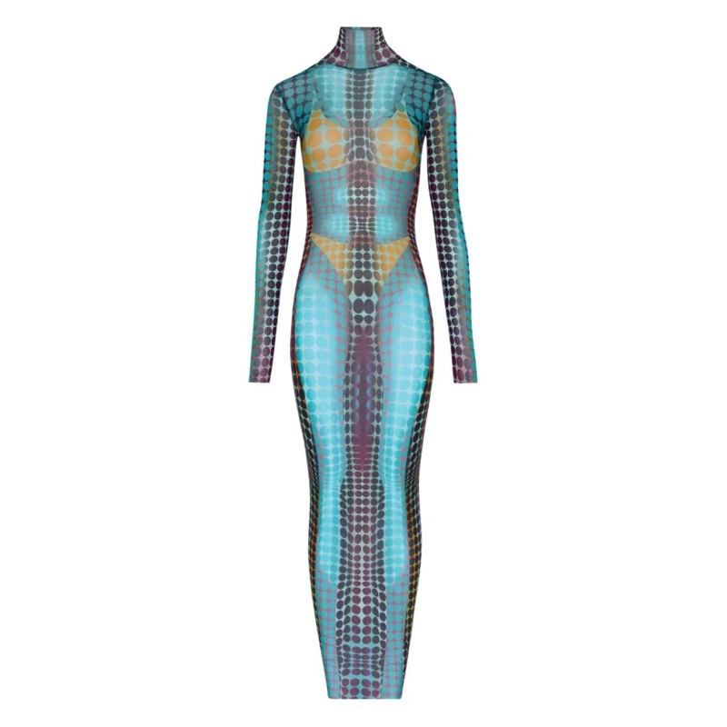 Jean Paul Gaultier  High Neck Multicolored Polka Dot Maxi Dress Multicolor