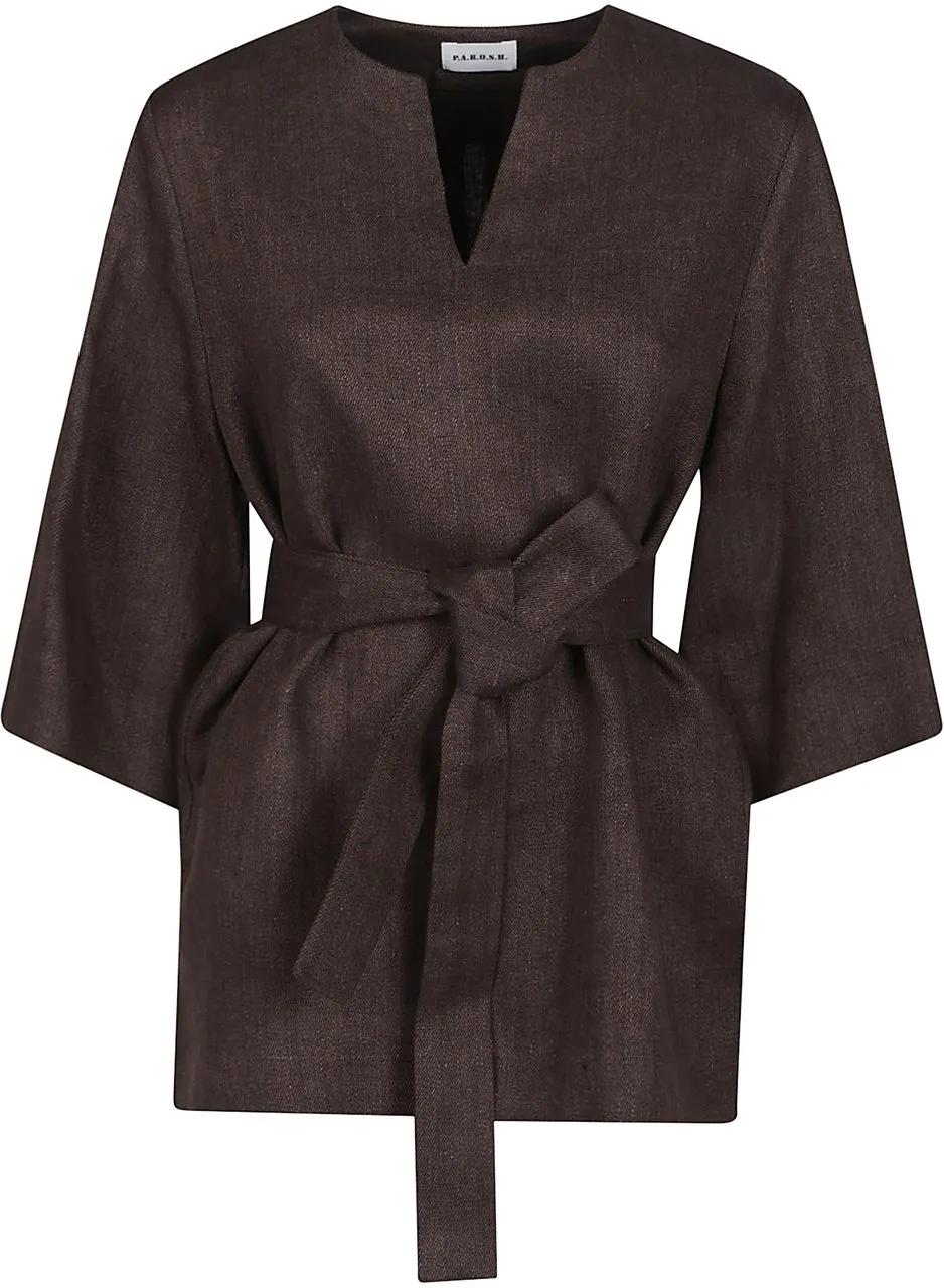 Thumbnail - P.A.R.O.S.H. - Short Sleeve Betulla Blouse Brown - Größe XS - braun