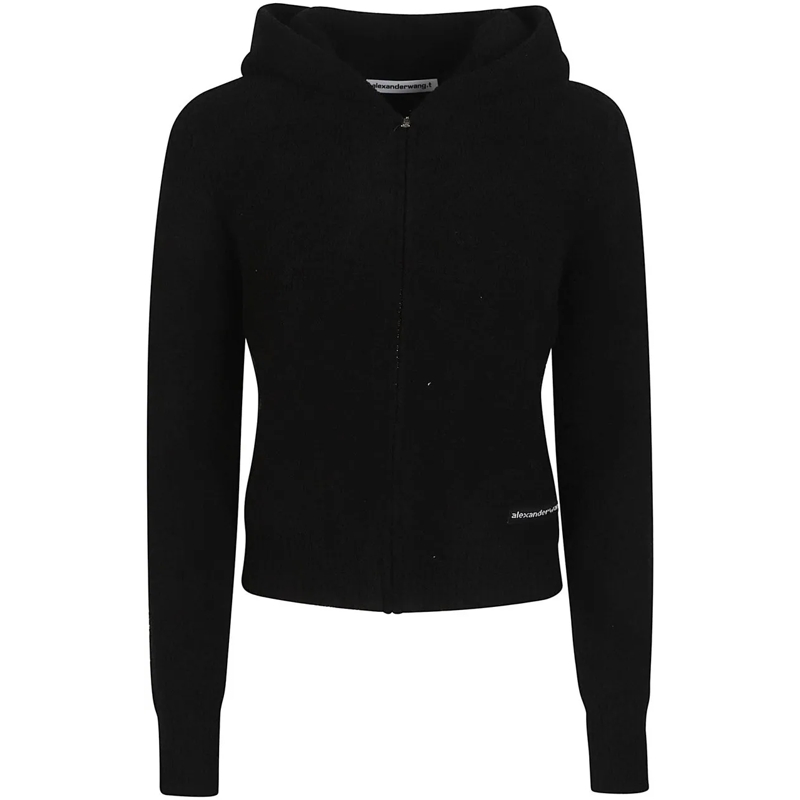 Alexander Wang  Long Sleeve Shrunken Knit Logo Label Zip Up Hoodie schwarz