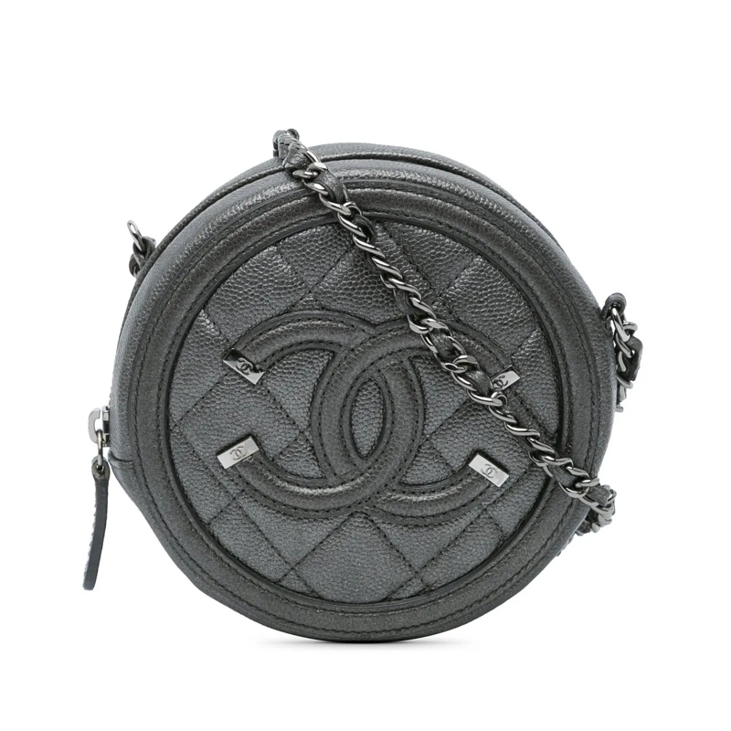 Chanel Pochette Metallic Caviar CC Filigree Round Clutch with Chai schwarz