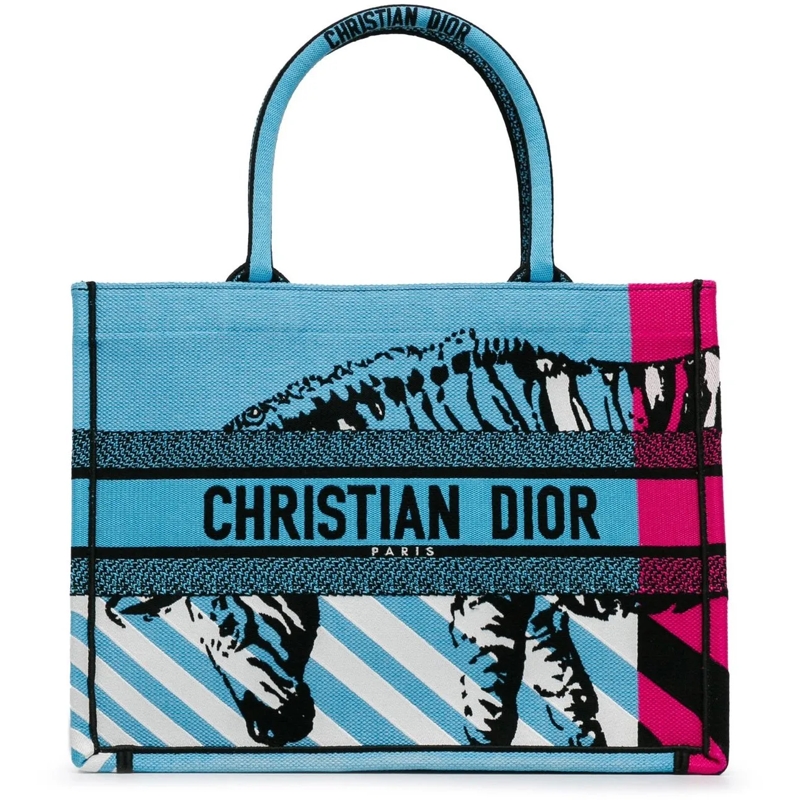 Christian Dior Tote Medium Embroidered Canvas Zebra D Jungle Pop Book  blau