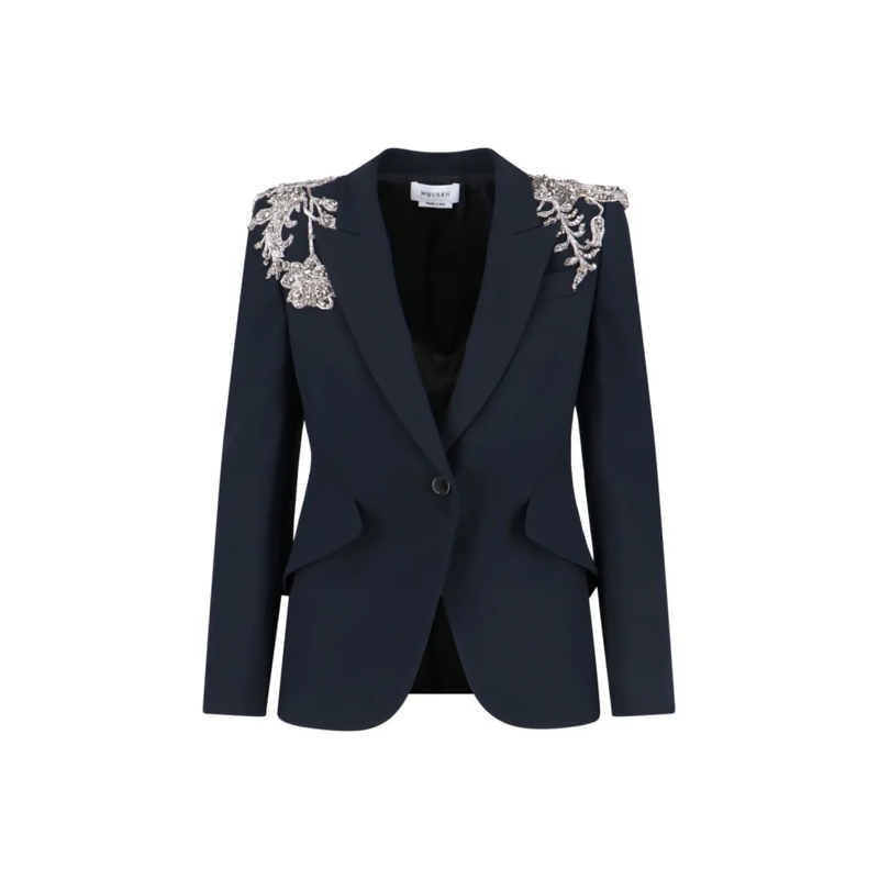 Alexander McQueen Blazer Embellished Single-Breasted Blazer – Navy Blue