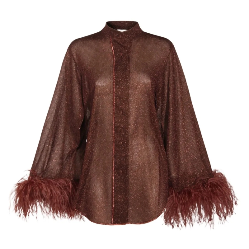 Oséree Chemisier Shimmering Brown Top With Feathered Cuffs Black