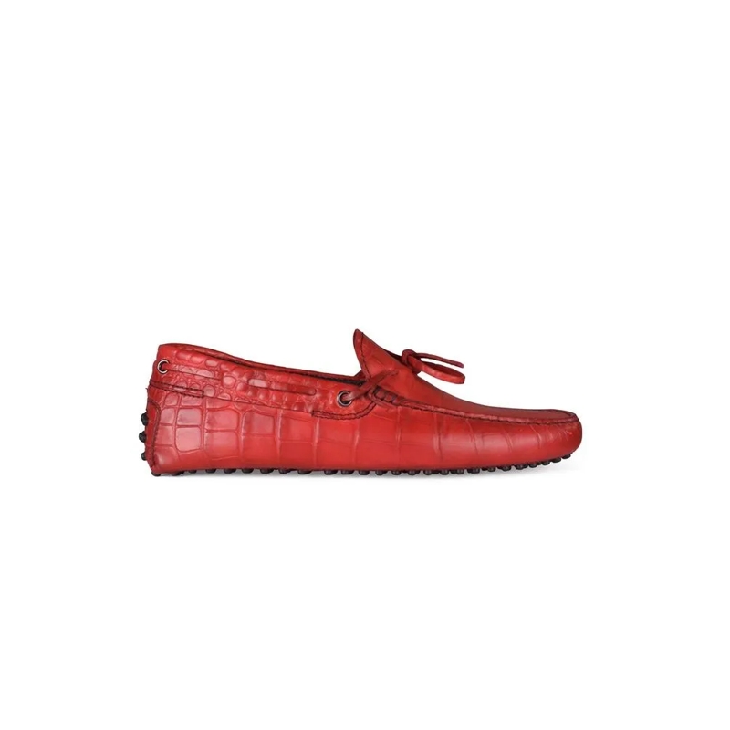 Tod's Loafer Red Leather Crocodile Effect Loafers With Laces Red