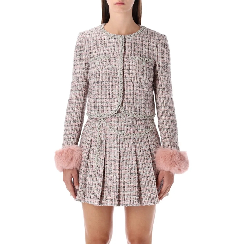 Self Portrait Übergangsjacke Bouclé Jacket With Faux Fur Cuffs Grey