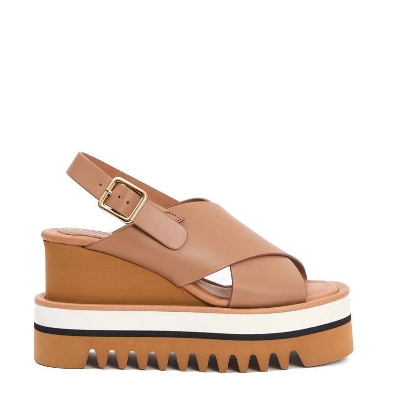 Paloma Barceló Sandales Camel Leather Crossover High Wedge Brown