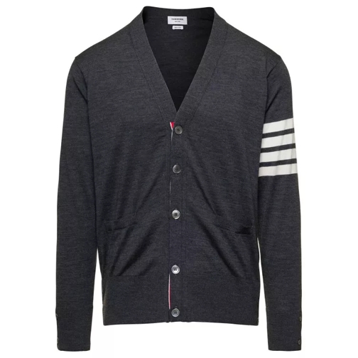 Thom Browne Grey V-Neck Cardigan With Stripe Detail In Wool Grey 