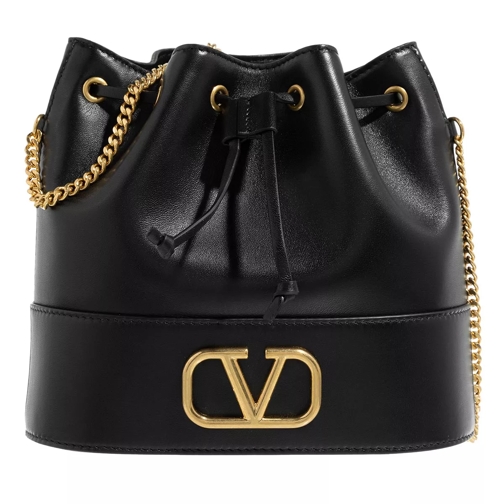 Valentino Garavani VLogo Plaque Drawstring Bucket Bag Black Bucket Bag
