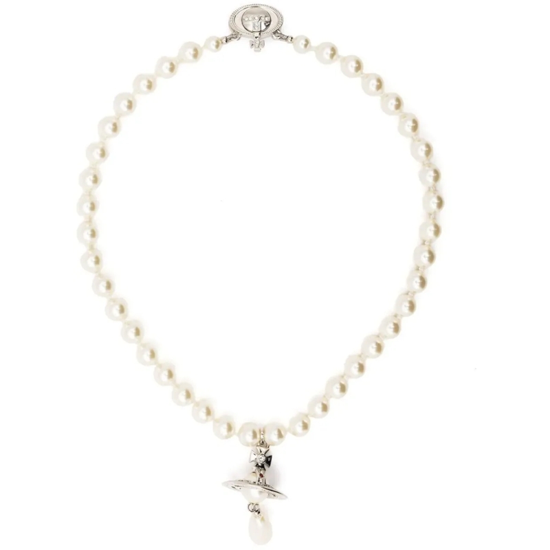 Vivienne Westwood  One Row Pearl Drop Choker Platinum Pearl Multi silber